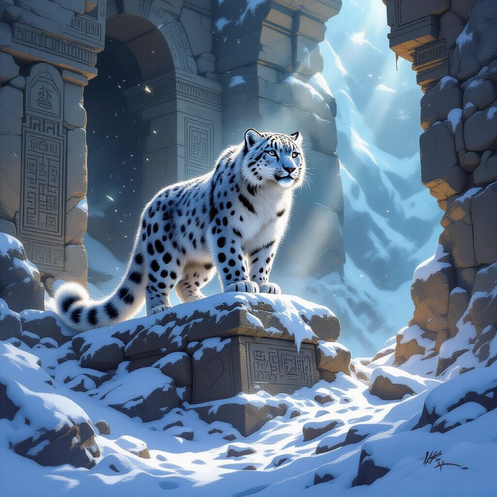 Majestic Snow Leopard on Ancient Ruin with Cosmic Fur