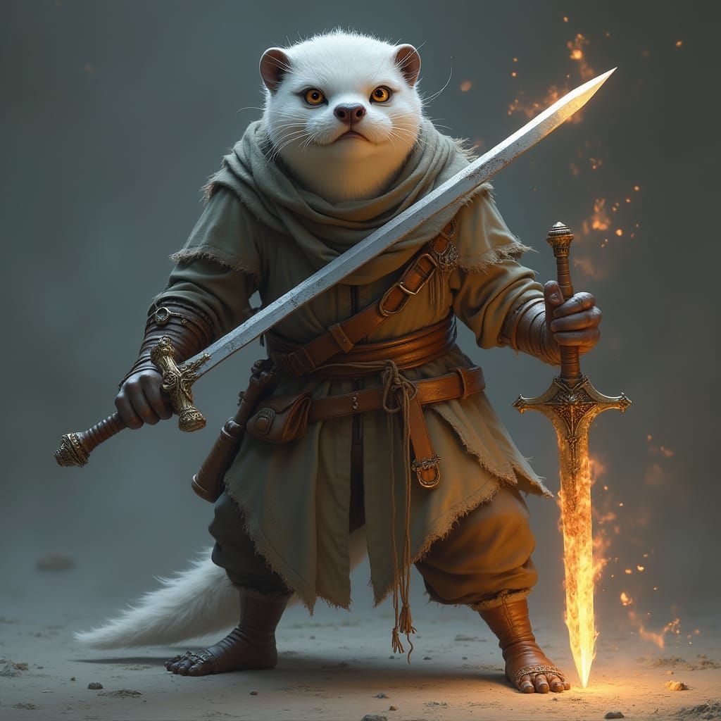 Human-Otter Hybrid Ranger with Flaming Sword