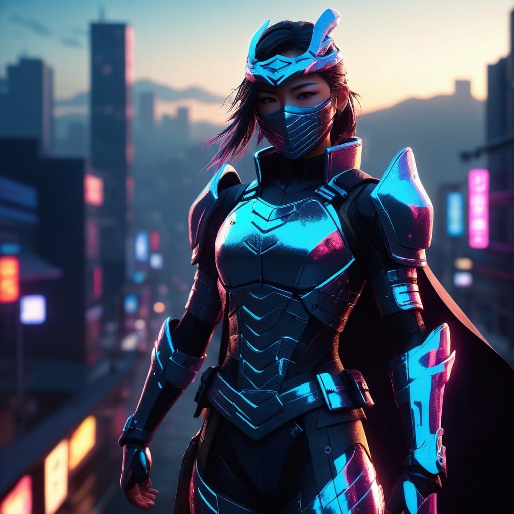 Japanese Superheroine in Neon-Lit Ninja Suit