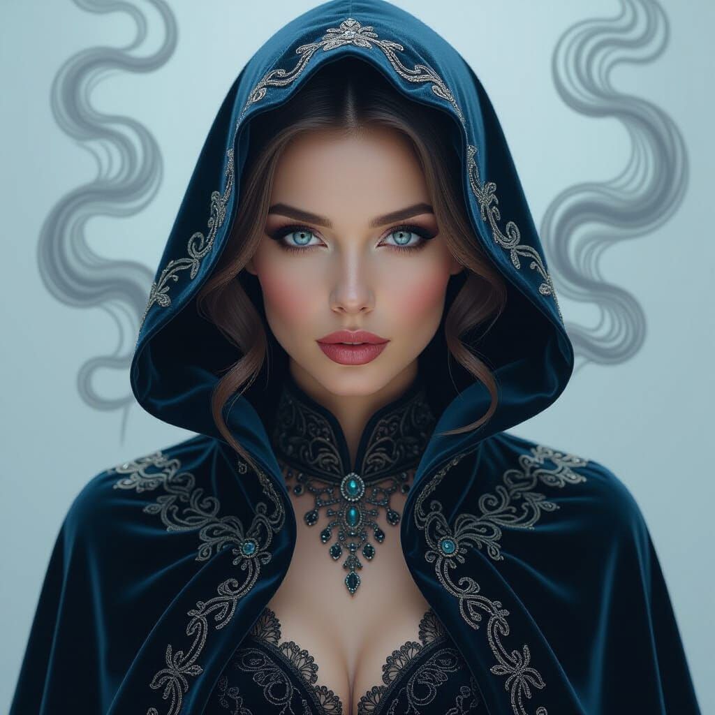 A photo of a woman with striking blue eyes. Her face is enveloped in swirling, ethereal, and smoky gray and black patter...