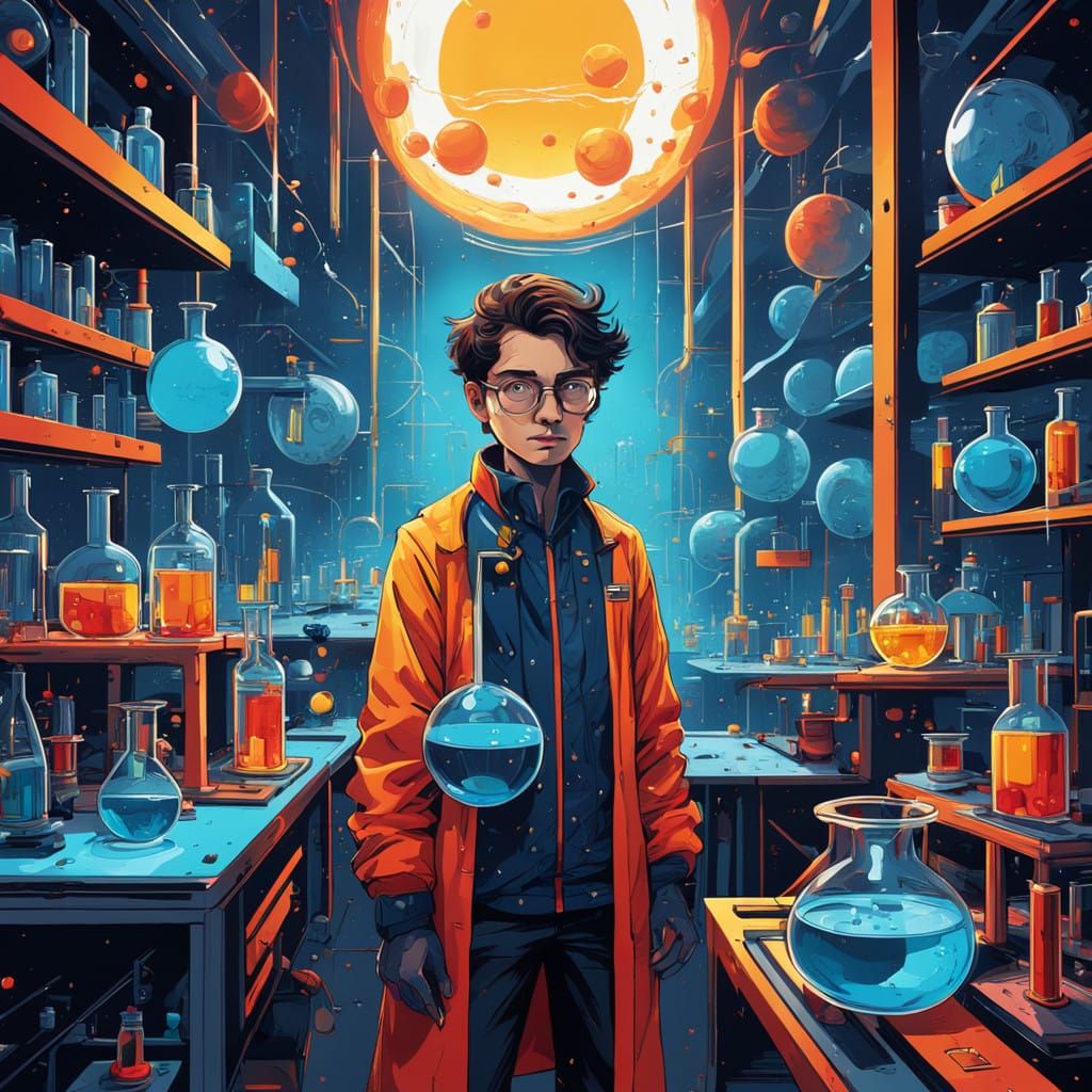 Sleek Alchemist in Triadic Bauhaus Laboratory