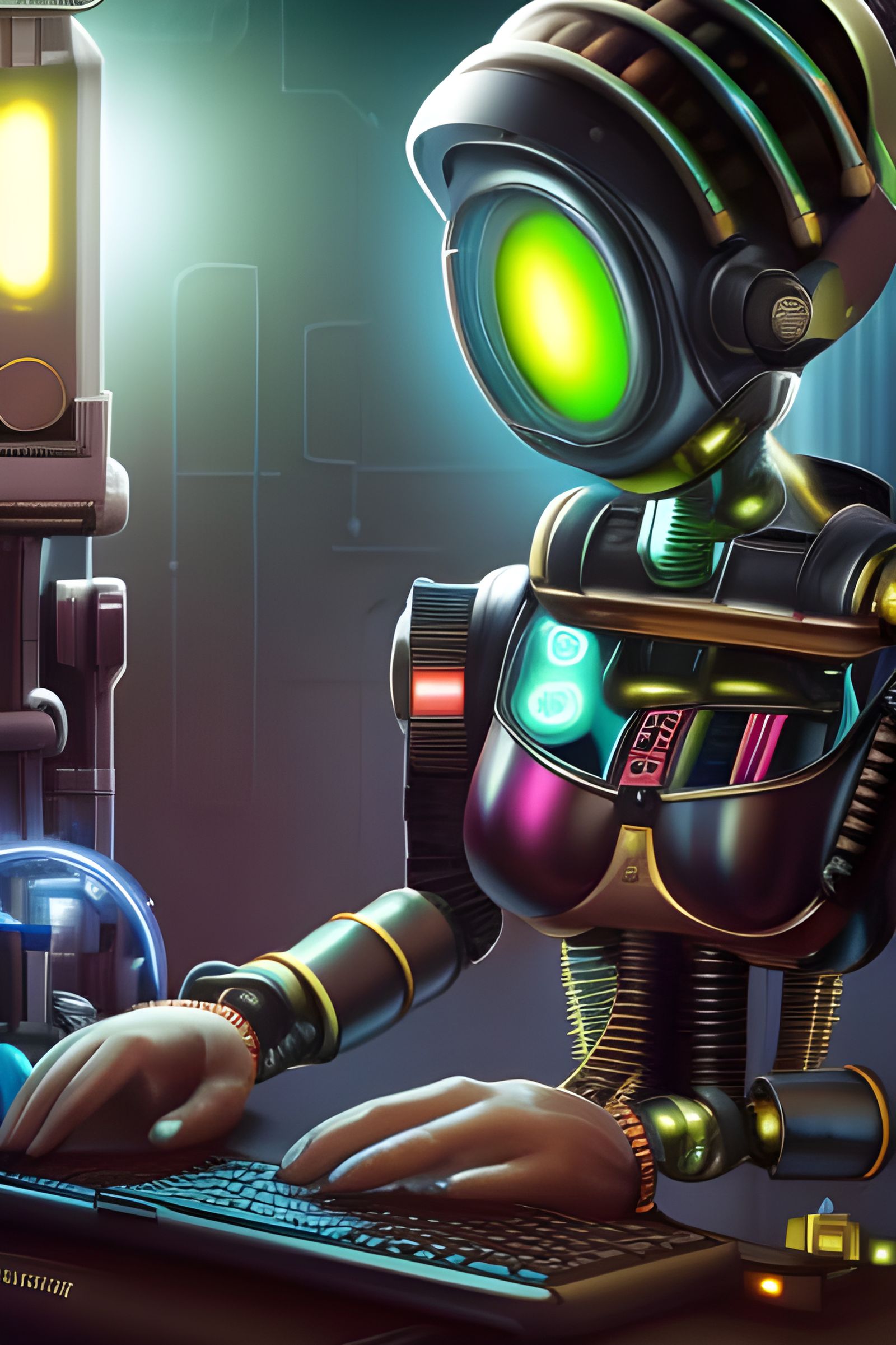 Cyberpunk Robot Teacher in Classroom Setting