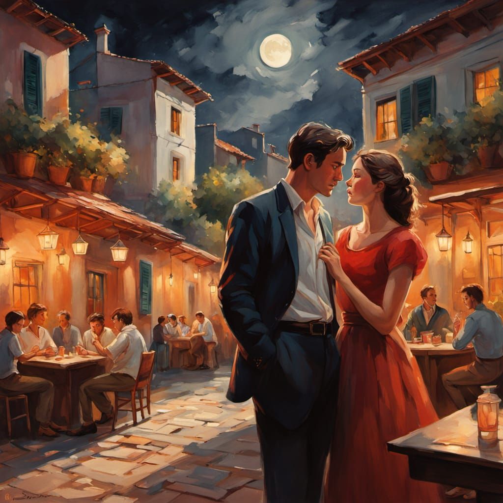 Greek Tavern Night under Warm Moonlight