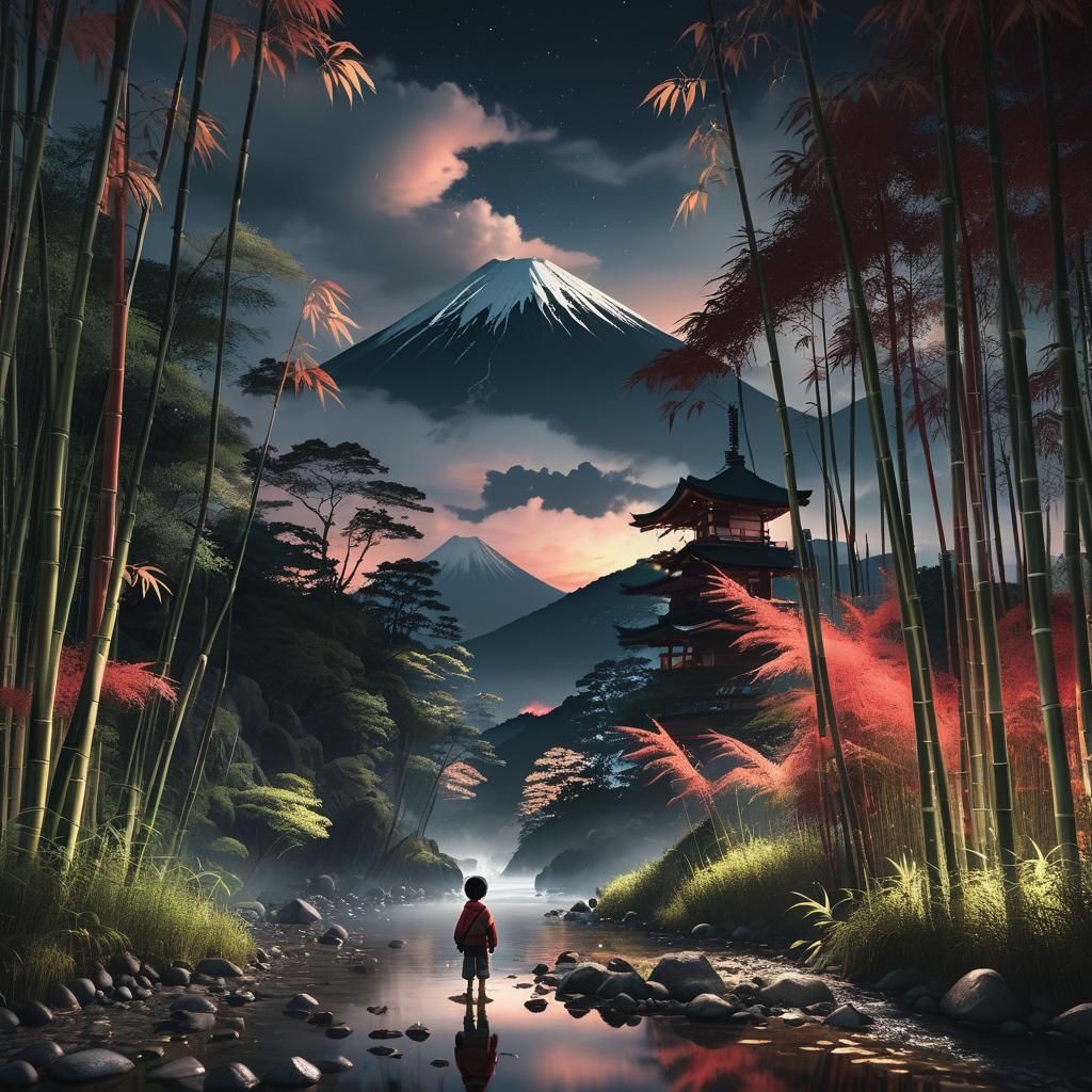 Child in Bamboo Forest with Mt. Fuji