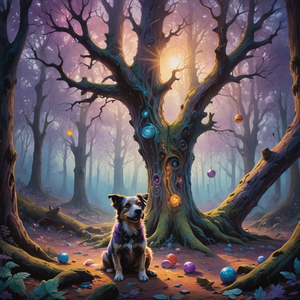 Dog in Mystical Forest: Vibrant Oil Painting