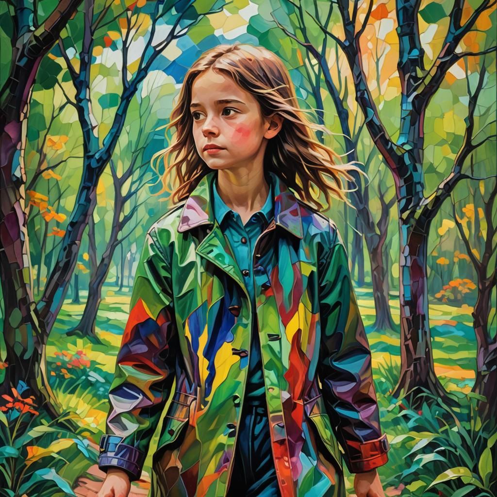 Girl in Colorful Coat: Impressionistic Oil Painting