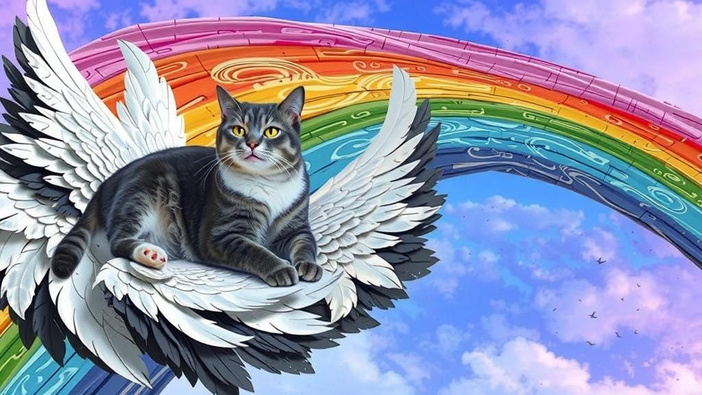 Cat on Wings with Rainbow Sky, van Gogh Style
