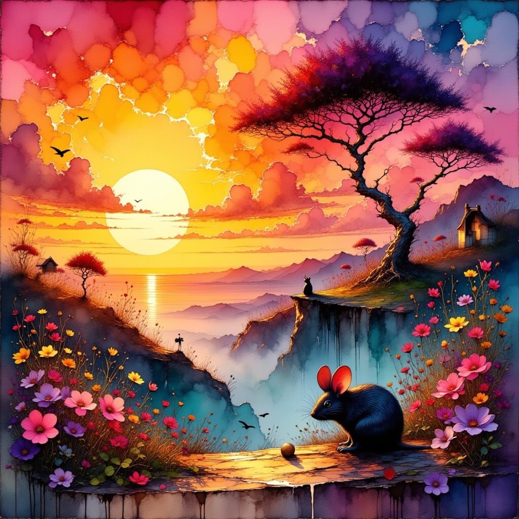 Vibrant Mouse Amidst Neo-Impressionist Sunset