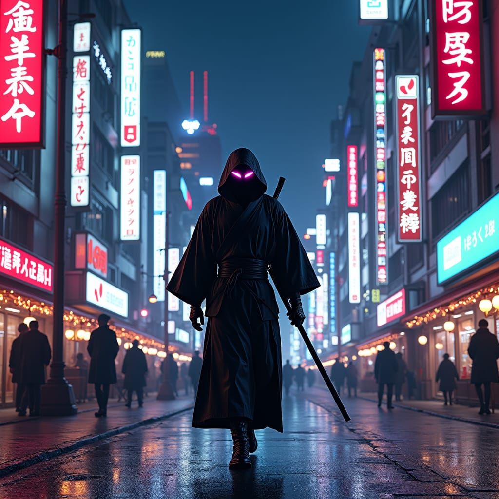 Cyberpunk Street Samurai in Shinjuku Nightlife