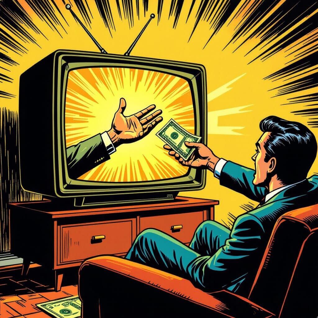 Retro Comic Art: TV Hand Grabs Cash From Shocked Man