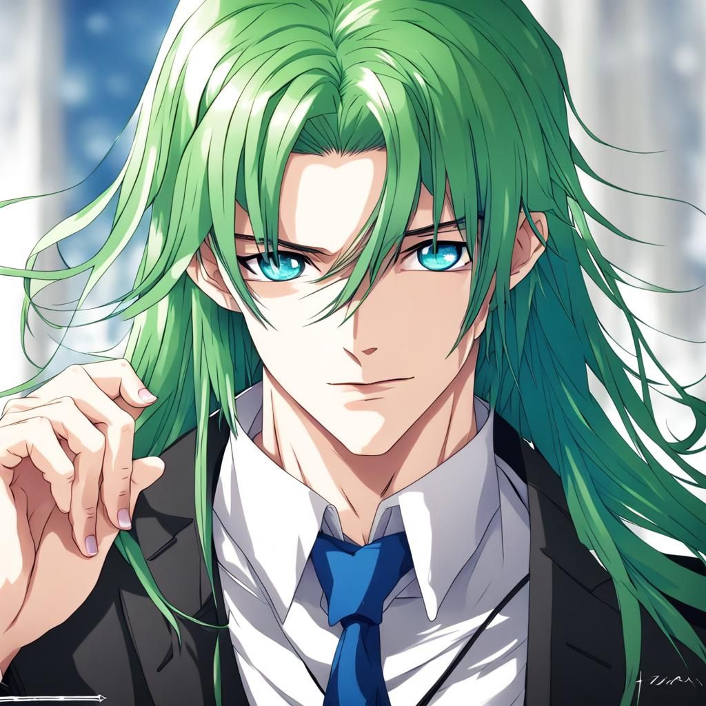 Elegant Anime Man with Green Hair and Blue Eyes