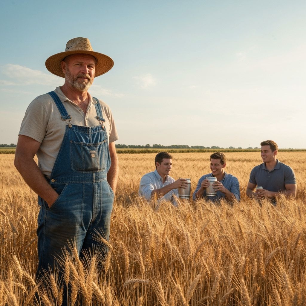 Farmer in Wheat Field with Hidden Kegger