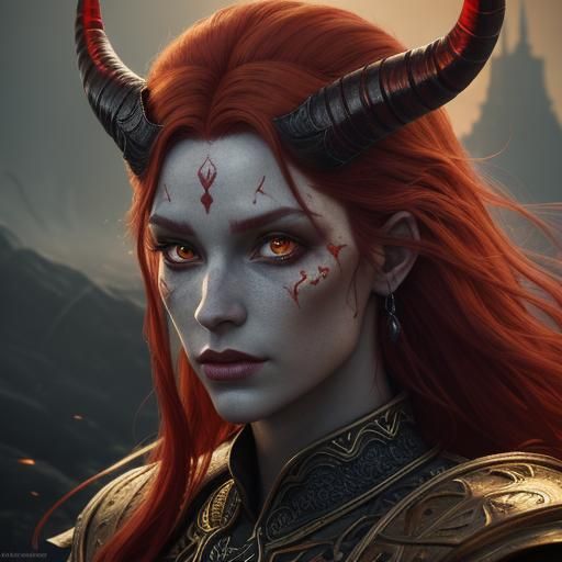 Red Demon Portrait with Fiery Hair, Fantasy Art