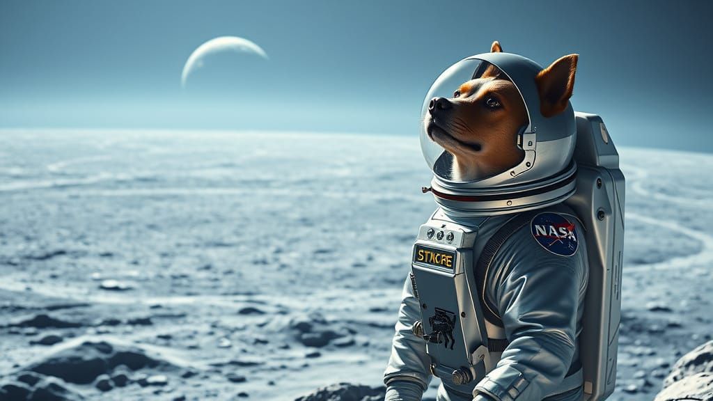 Heroic Dog Astronaut Gazing at the Moon in a Futuristic Spac...