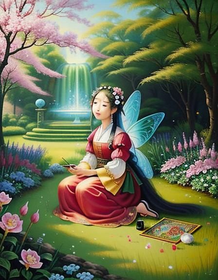 A pretty fairy in the blooming garden