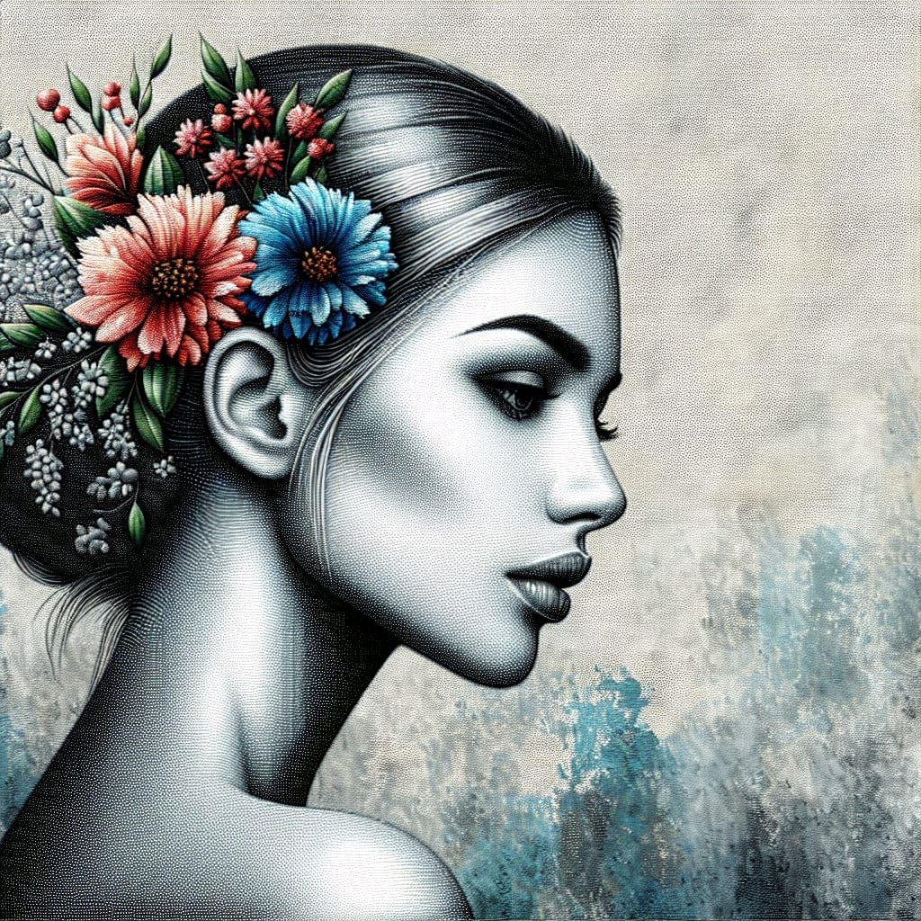 Elegant Metalpoint Portrait of Woman with Flowers