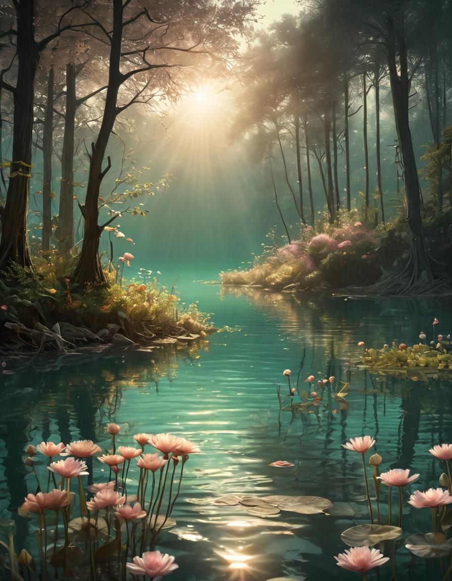 Picturesque Lake at Sunrise in Botanical Art Style