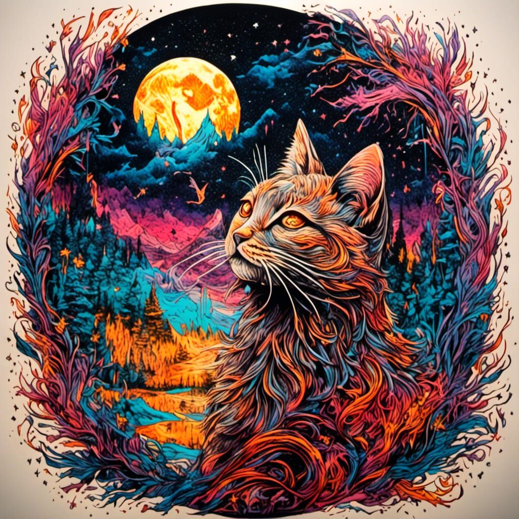 Magical Flaming Cat Gazing at Moon as Woodcut