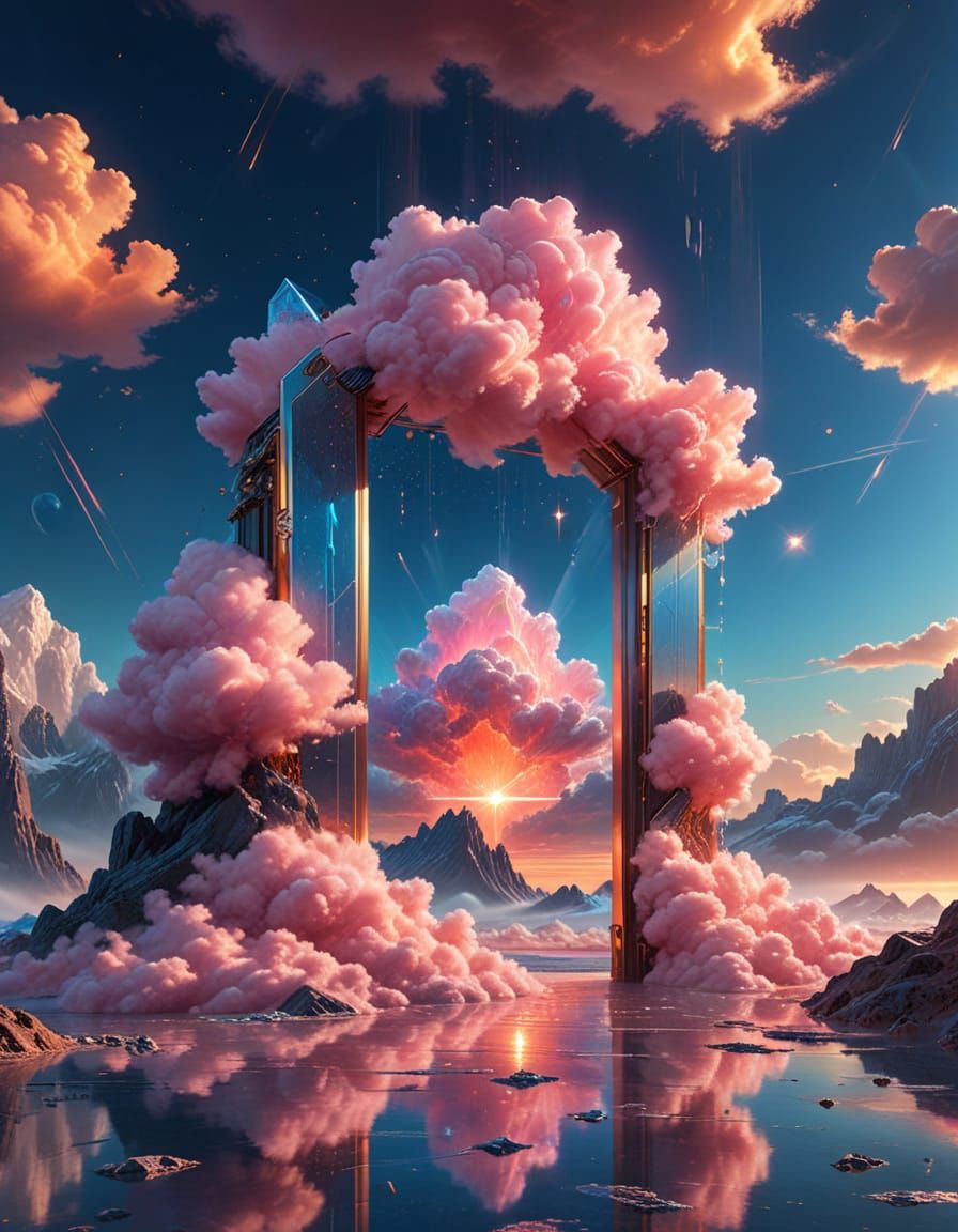 Futuristic Crystal Door in Pink Cloudscape