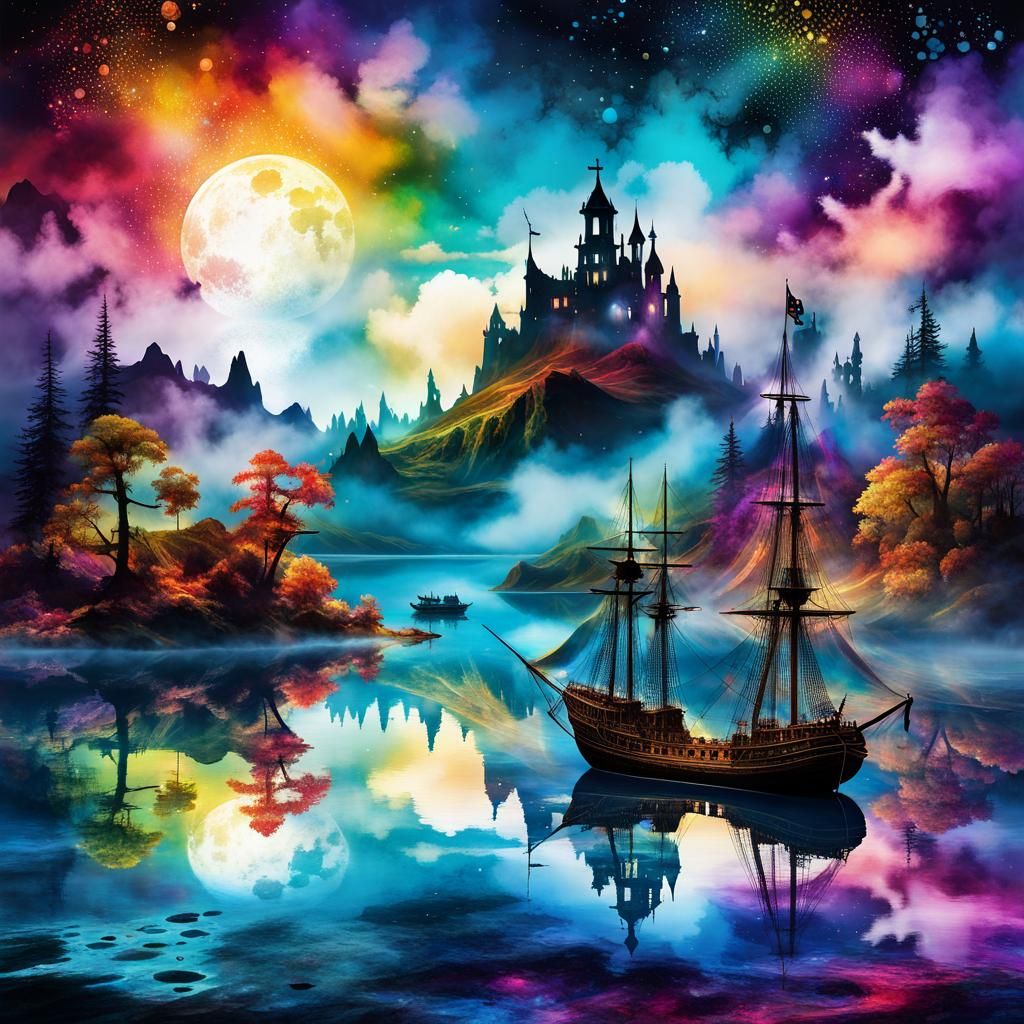Surreal Realms: Eerie Ghost Pirate Ship in a Tapestry of Woo...