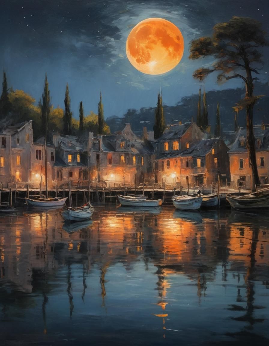 Moonlit Harbor Oil Painting in Impressionist Style