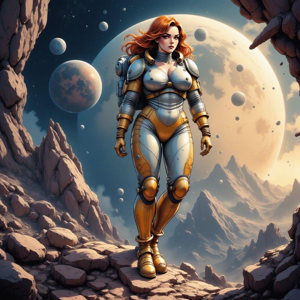 A beautiful woman in a figure-hugging silver and gold spaces...