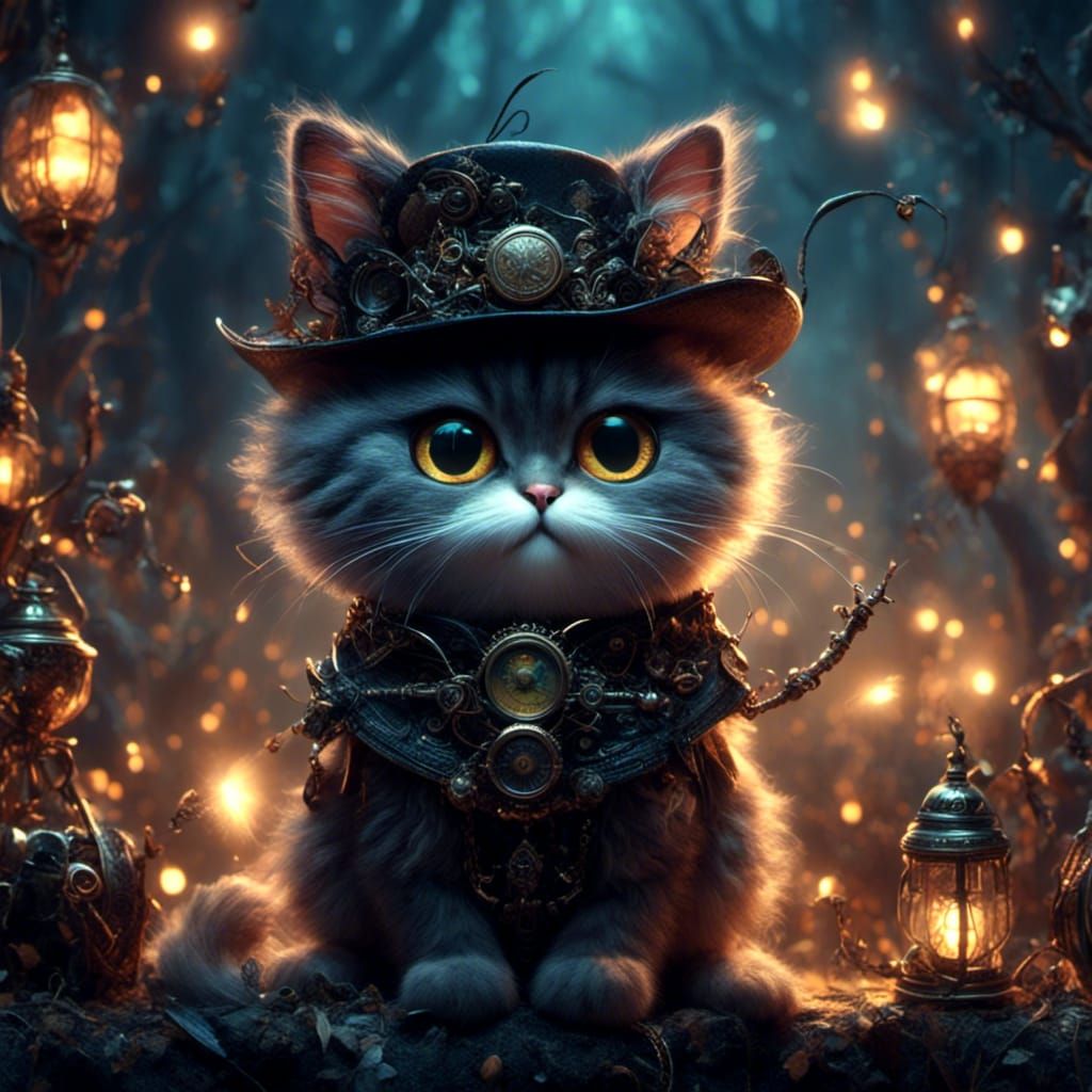 Steampunk Cats Expressing Joy Under Aurora Borealis