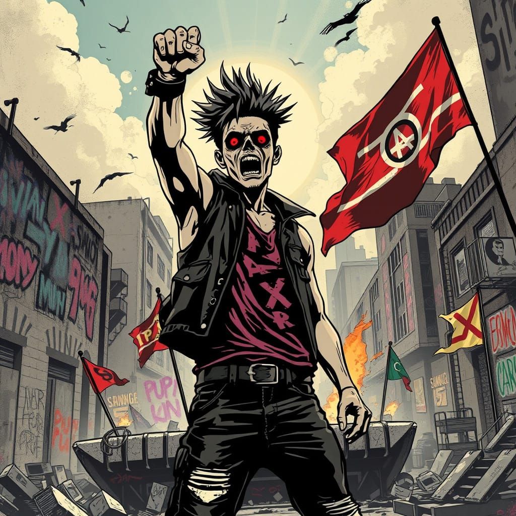 Rebellious Punk Anarchist in Gritty Cityscape