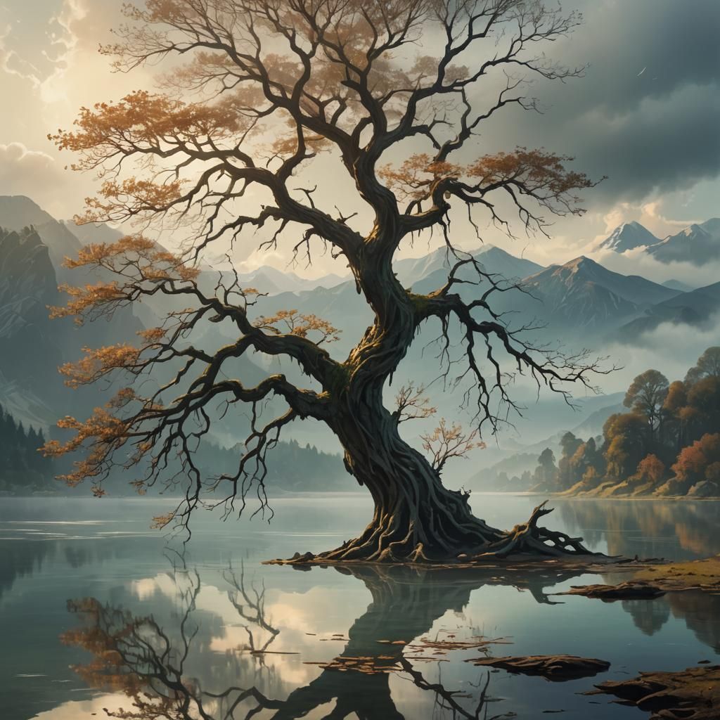 Ancient Cherry Tree by a Lake: Fantasy Concept Art