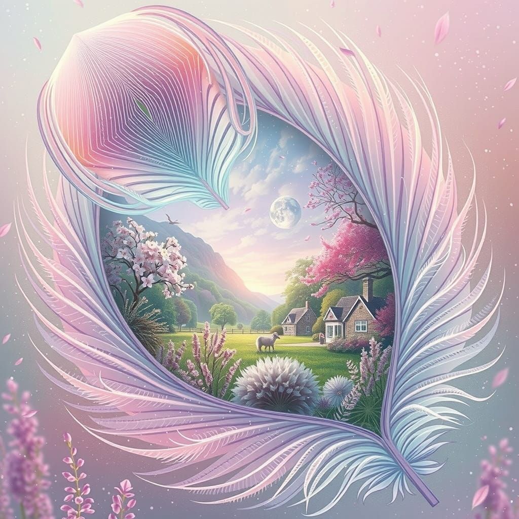 Dreamy Digital Painting of Pastel Feather and Springtime Vil...