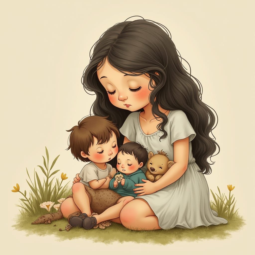 Mother and Children in Beatrix Potter Style