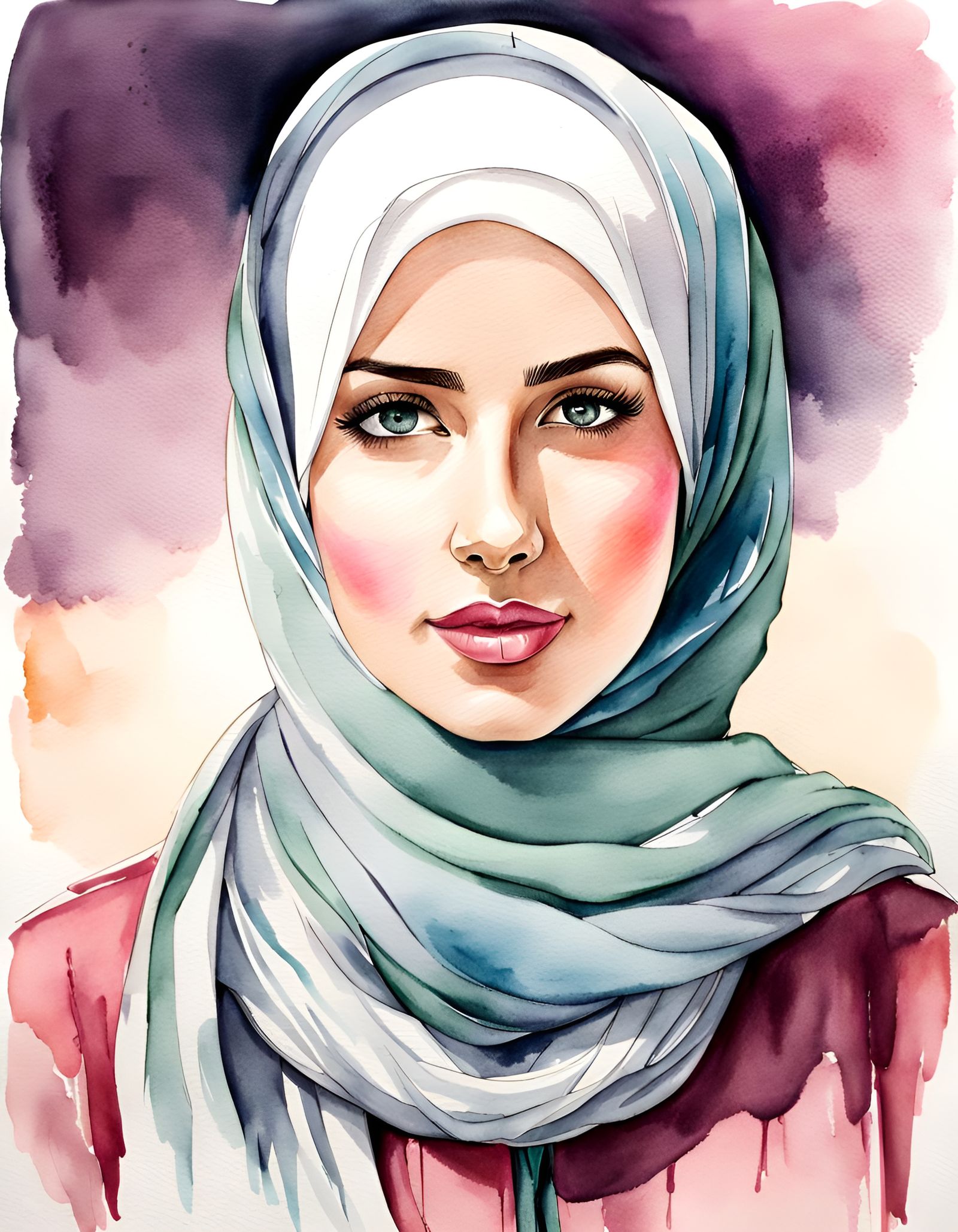 Beautiful Woman in Hijab: Watercolor Ink Drawing
