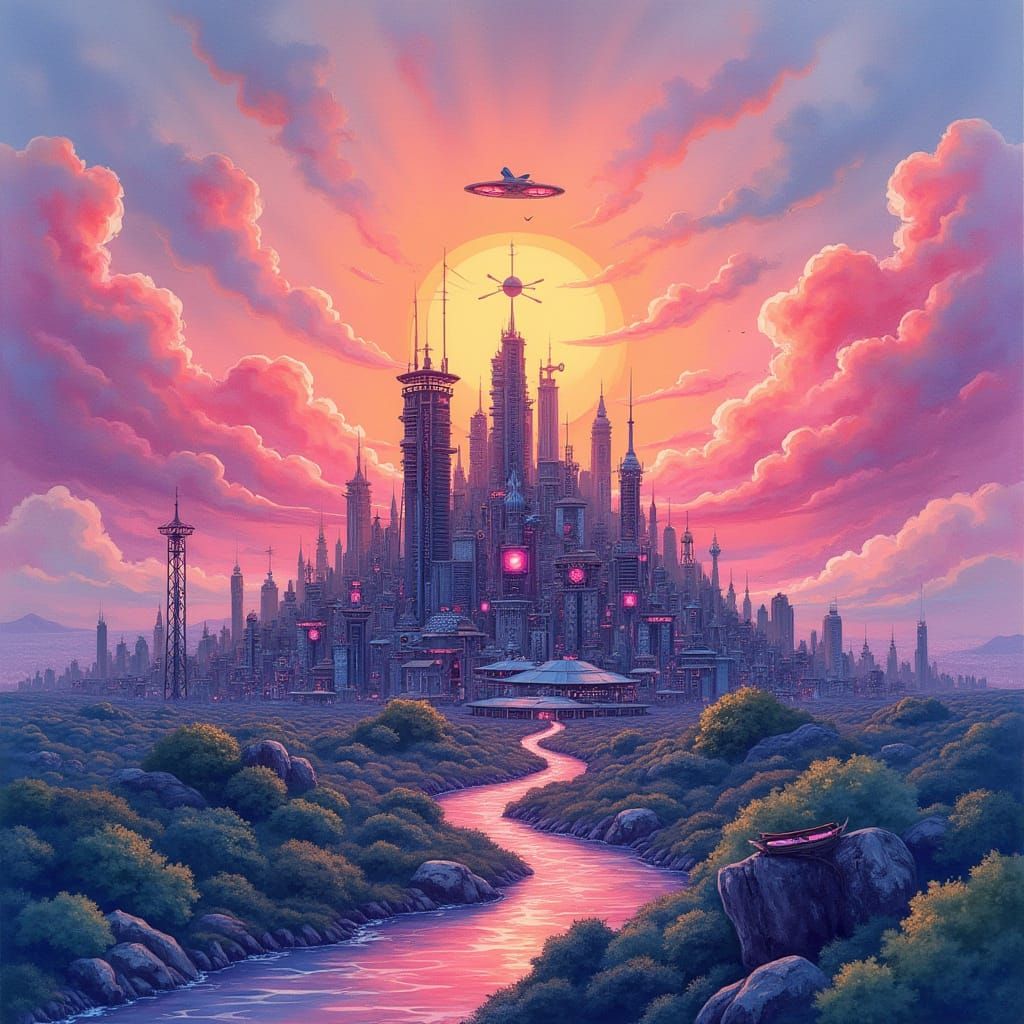 Ethereal Solar Punk Cityscape at Sunset