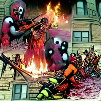 Deadpool vs Zombies in Burning Cityscape