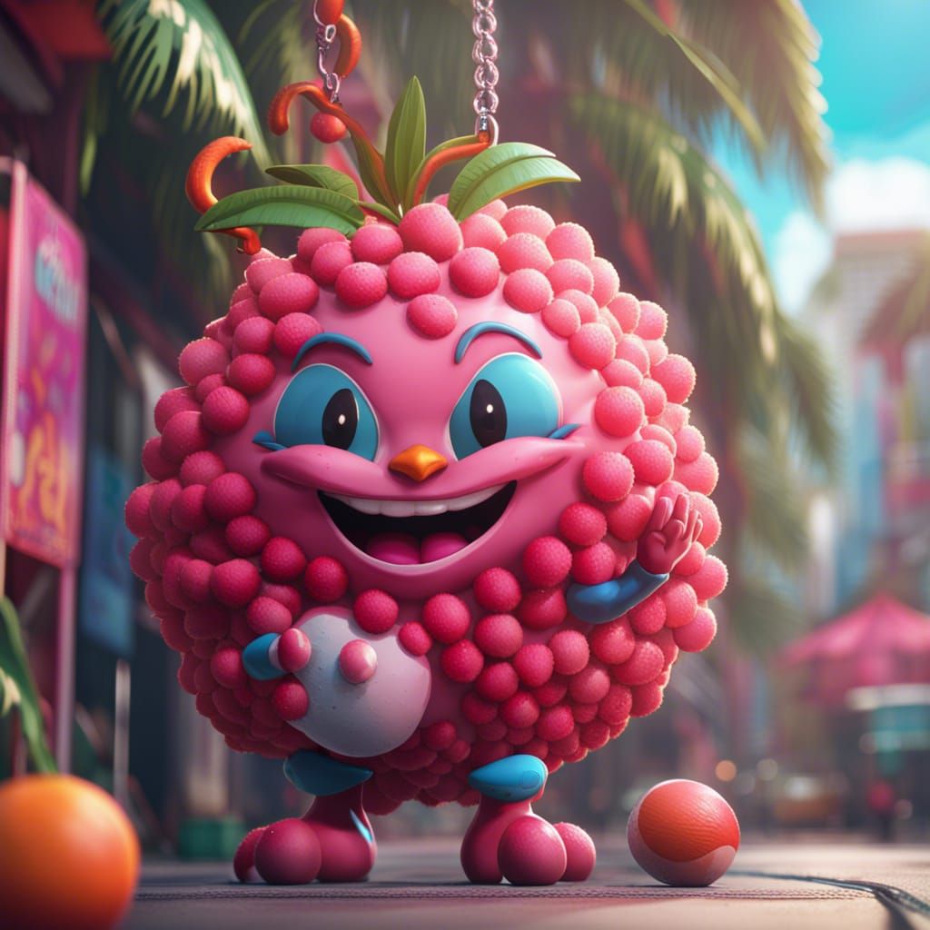 Happy Lychee Character in Miami: Detailed Digital Art