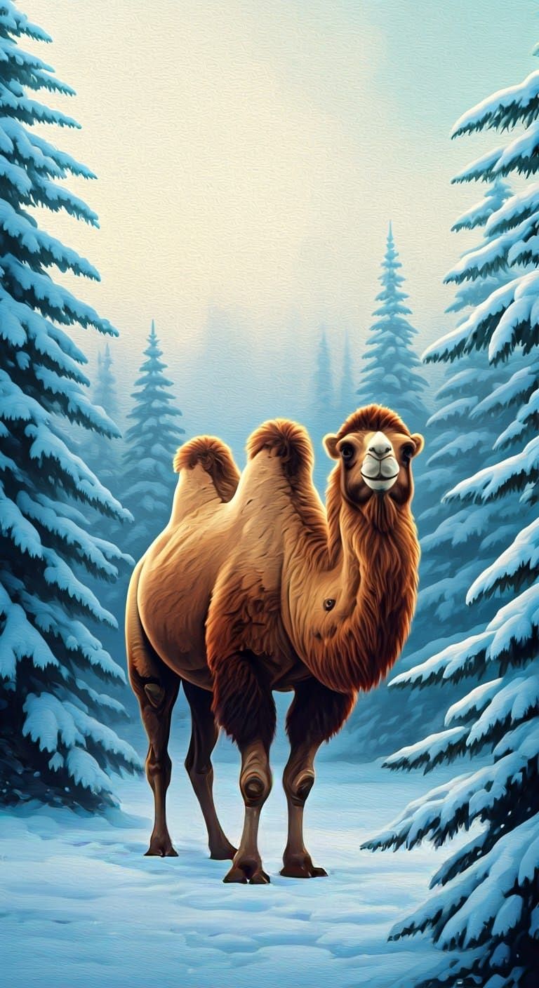 Camel Surrounded by Frosty Pine Trees in a Winter Wonderland