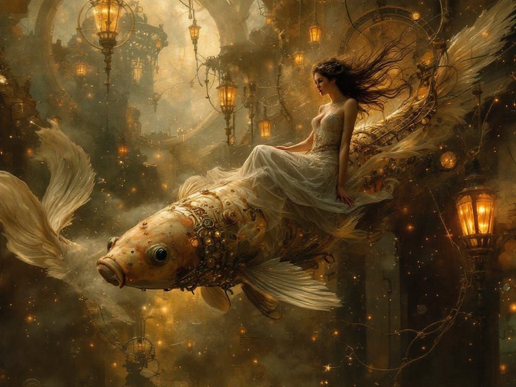 Steampunk Woman Rides Luminous Koi Under Golden Moons