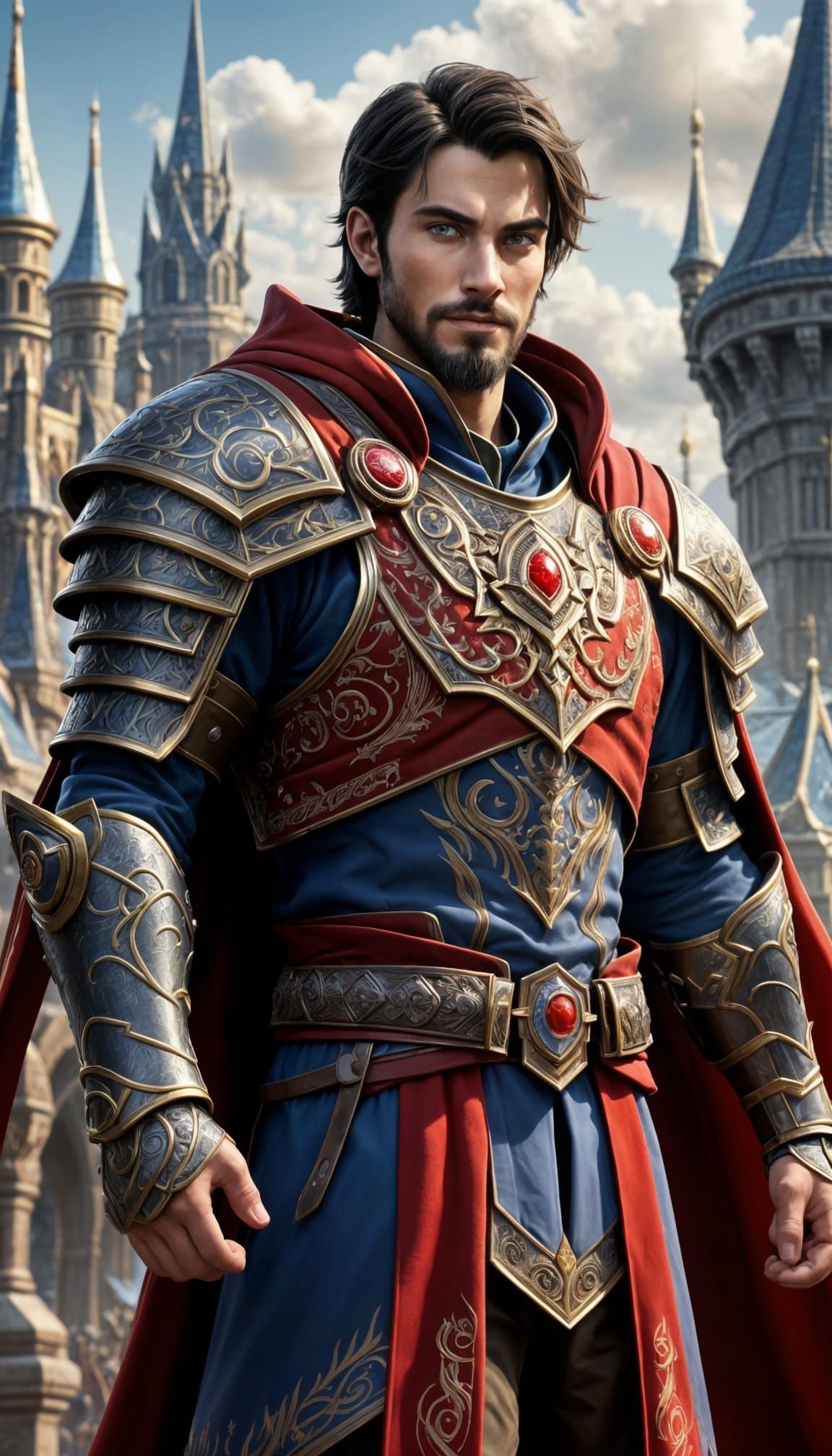 Fantasy Prince in Warcraft Style Armor and Cityscape