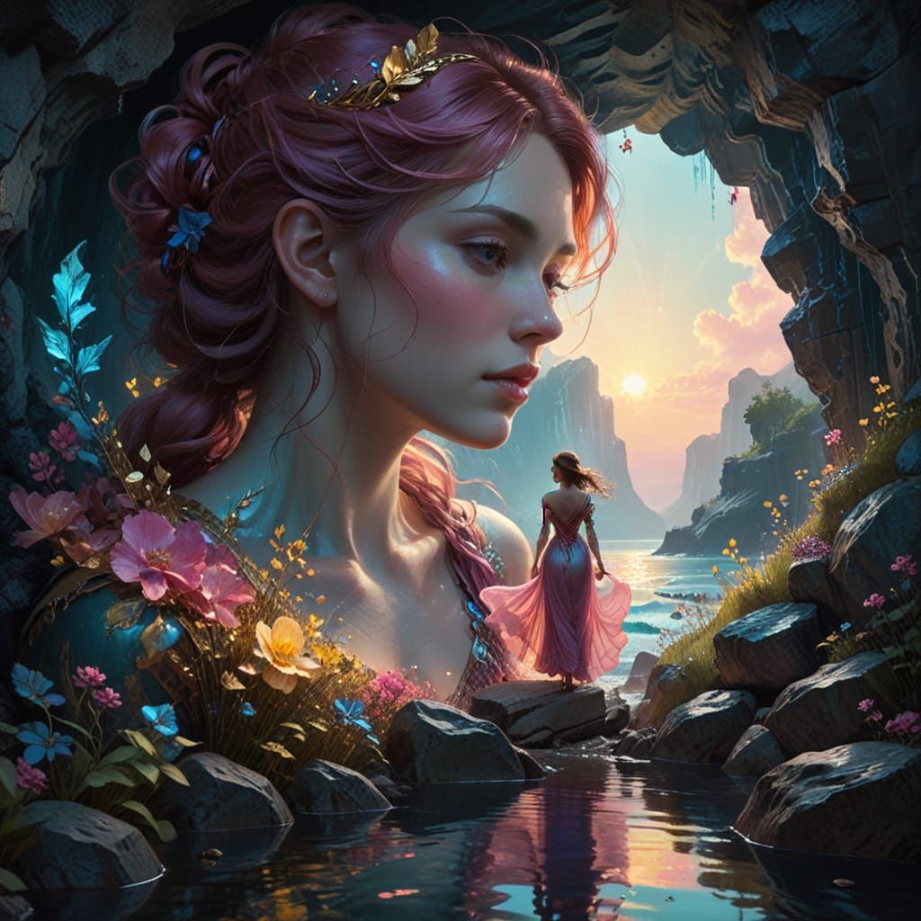 Woman in Cave: Impressionistic Painting with Luminous Colors