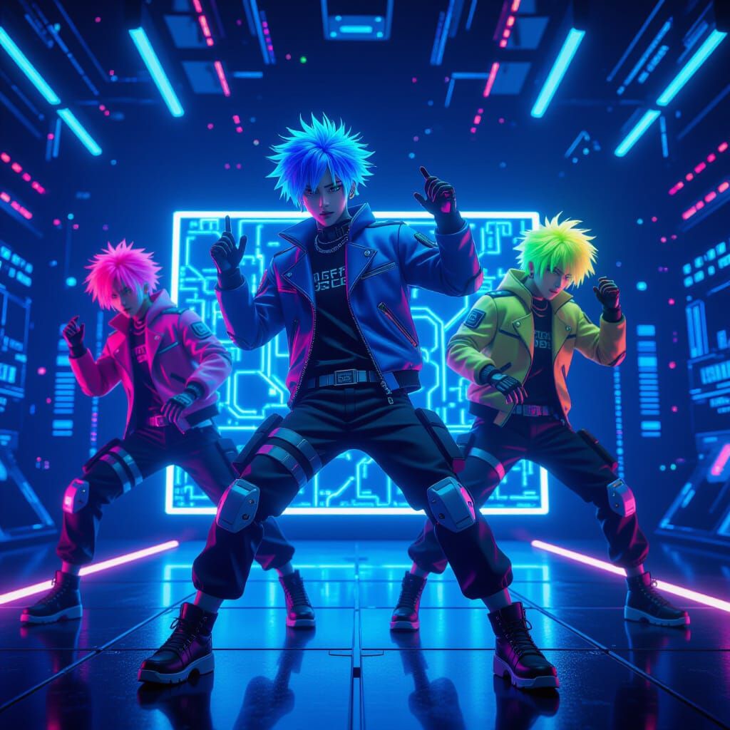 Vibrant Cyborg K-Pop Band on Futuristic Stage