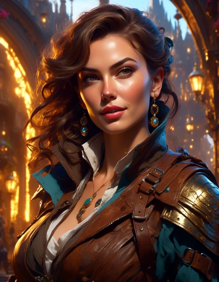 Mischievous Bounty Hunter Portrait in Dark Fantasy Style