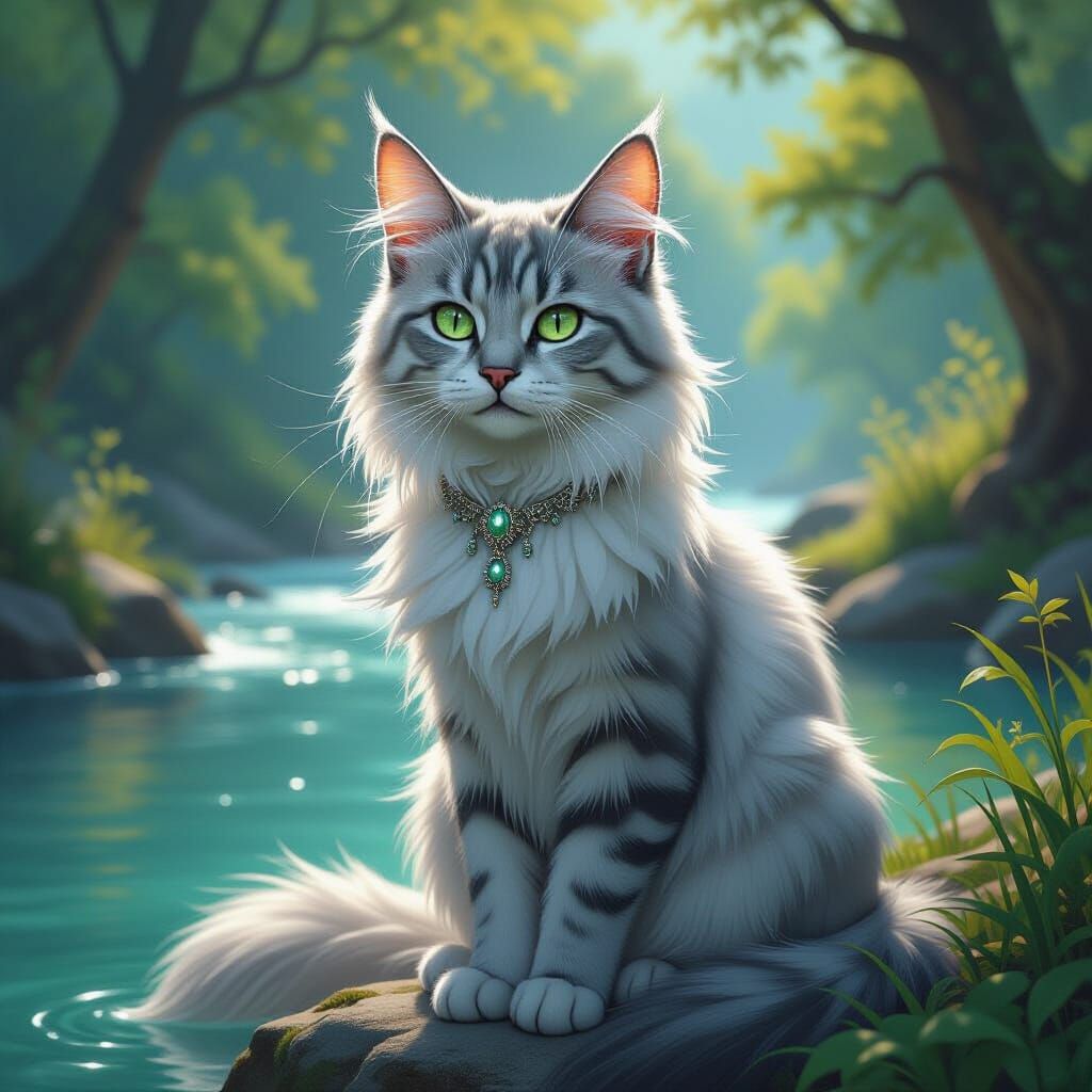Regal Silver Cat with Green Eyes by River