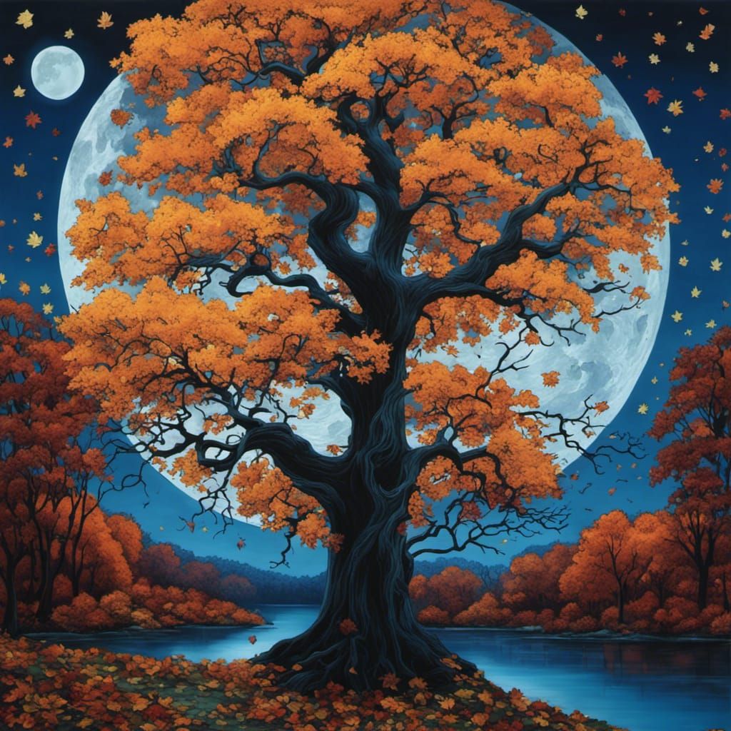 Gothic Oak Tree over Lake in Burton Style