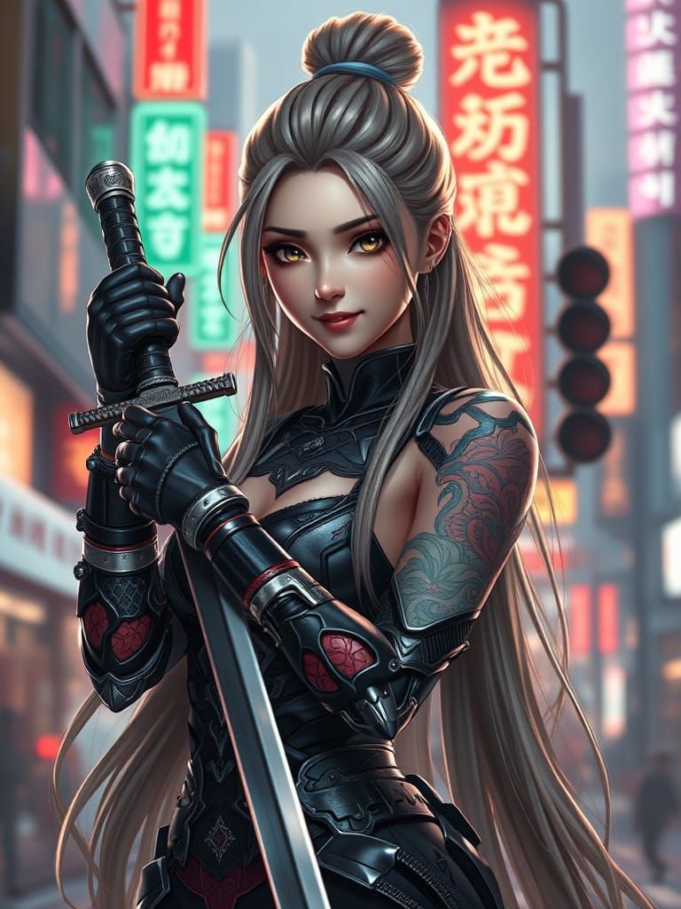Cyberpunk Cyborg in Hong Kong with Dragon Tattoo