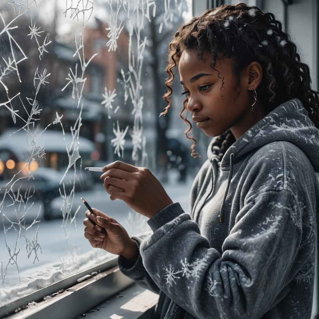 Teenager Writes on Frosty Window: Photorealistic Image