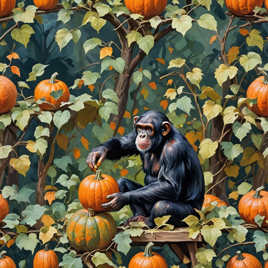 Chimpanzee Paints Pumpkin in Gouache Impressionist Style