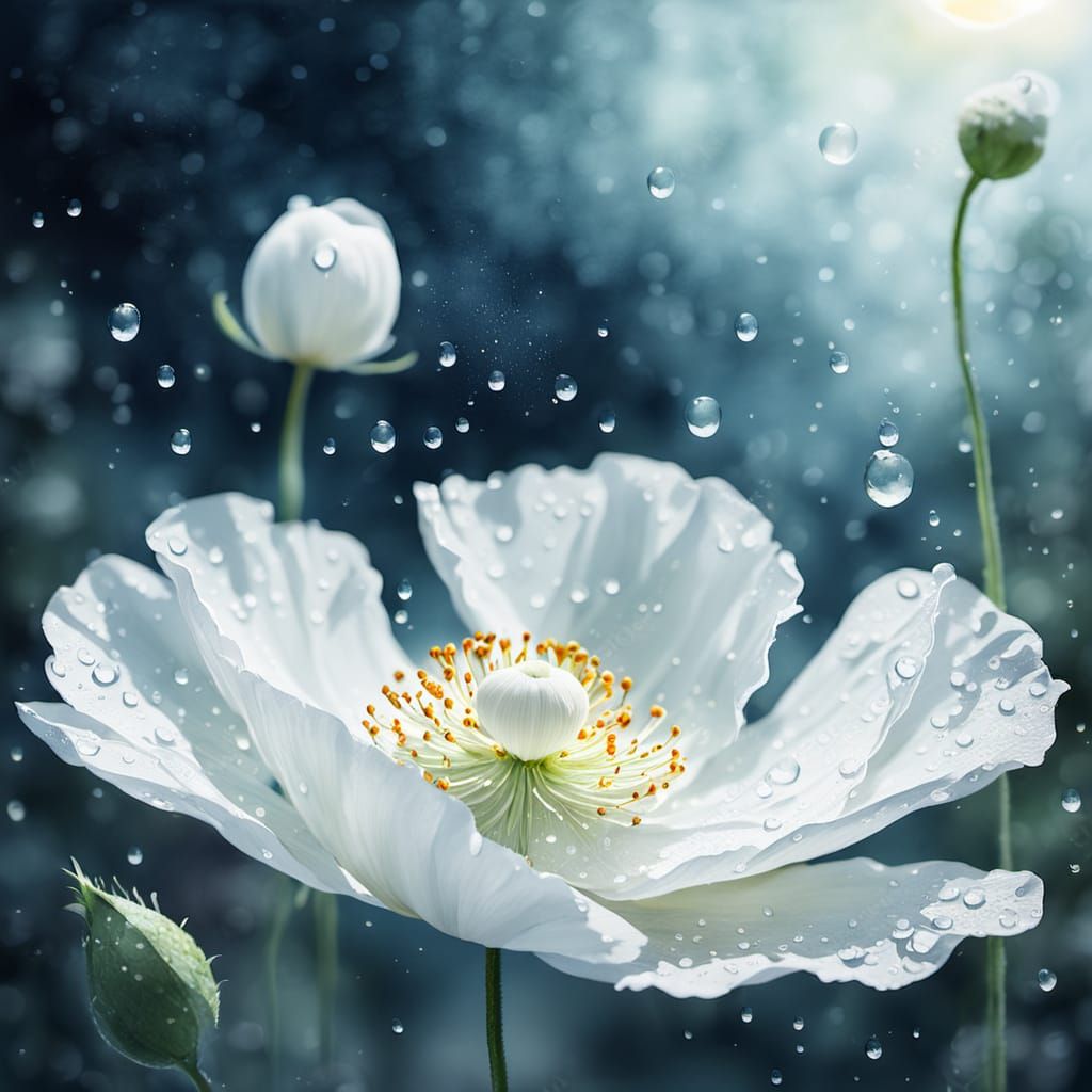 White Poppy in Water as Watercolor Painting