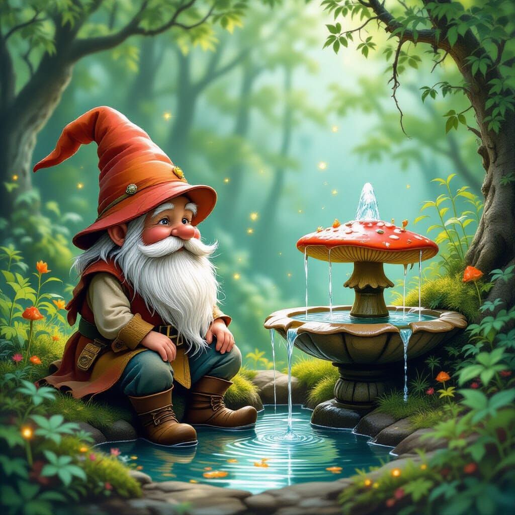 Enchanted Forest Gnome by Mushroom Fountain