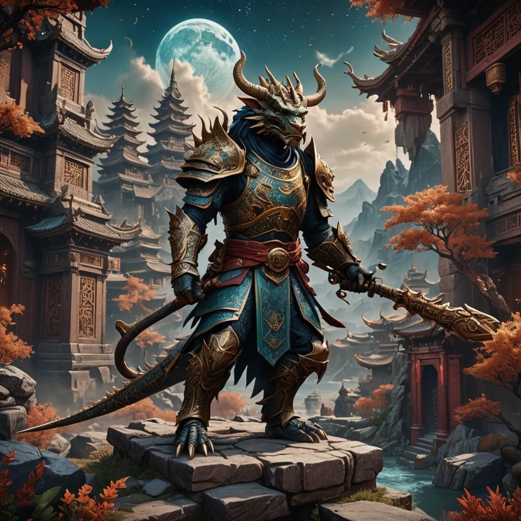 Celestial Oriental Dragonborn in Detailed Matte Painting