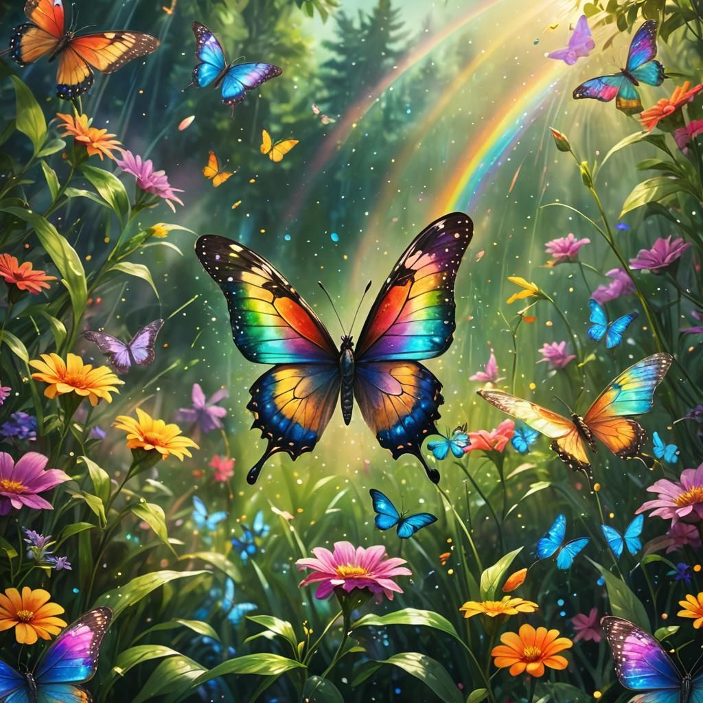 Rainbow Butterfly Flies in Paradise: Vibrant Digital Art